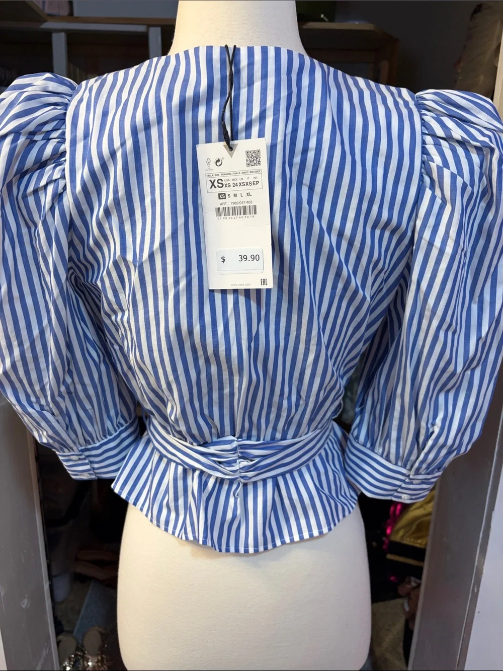 Zara Blue & White Striped Wrap Tie Peplum Blouse
